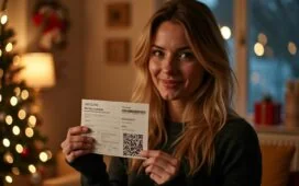 Eine warme, helle Szene in einem gemütlich beleuchteten Wohnzimmer kurz vor Weihnachten, in der eine Frau mit leicht besorgtem Lächeln einen gedruckten Abholschein mit sichtbarem QR-Code in der Hand hält, während im Hintergrund unscharf ein festlich geschmückter Weihnachtsbaum und Pakete zu sehen sind, die Atmosphäre wirkt vertrauensvoll und dennoch aufmerksam.