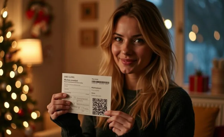 Eine warme, helle Szene in einem gemütlich beleuchteten Wohnzimmer kurz vor Weihnachten, in der eine Frau mit leicht besorgtem Lächeln einen gedruckten Abholschein mit sichtbarem QR-Code in der Hand hält, während im Hintergrund unscharf ein festlich geschmückter Weihnachtsbaum und Pakete zu sehen sind, die Atmosphäre wirkt vertrauensvoll und dennoch aufmerksam.