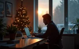 Eine helle, einladende Szene in einem modern eingerichteten Büro, in der ein konzentrierter IT-Sicherheitsprofi am Laptop arbeitet, während sanftes Tageslicht durch ein großes Fenster fällt und die warme Atmosphäre der Vorweihnachtszeit spürbar wird, ergänzt durch dezent im Hintergrund sichtbare Weihnachtsdekorationen, die dem Bild emotionalen Halt geben.