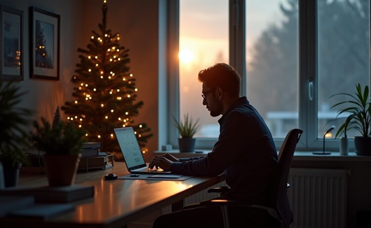 Eine helle, einladende Szene in einem modern eingerichteten Büro, in der ein konzentrierter IT-Sicherheitsprofi am Laptop arbeitet, während sanftes Tageslicht durch ein großes Fenster fällt und die warme Atmosphäre der Vorweihnachtszeit spürbar wird, ergänzt durch dezent im Hintergrund sichtbare Weihnachtsdekorationen, die dem Bild emotionalen Halt geben.