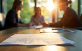 Ein hell erleuchteter Schreibtisch in einem modernen Büro, auf dem ein sorgfältig geöffneter Brief mit einem stilvollen Briefkopf liegt, umgeben von warmem Tageslicht und natürlichen Grüntönen, während im Hintergrund unscharf Menschen im Gespräch Vertrauen und Nachdenklichkeit ausstrahlen.