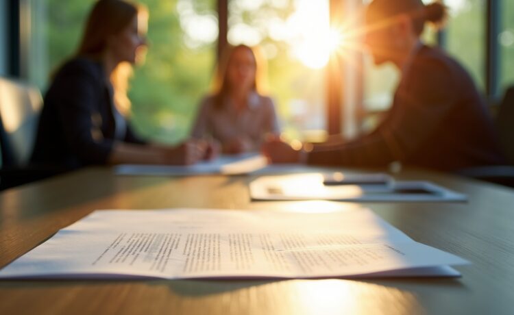 Ein hell erleuchteter Schreibtisch in einem modernen Büro, auf dem ein sorgfältig geöffneter Brief mit einem stilvollen Briefkopf liegt, umgeben von warmem Tageslicht und natürlichen Grüntönen, während im Hintergrund unscharf Menschen im Gespräch Vertrauen und Nachdenklichkeit ausstrahlen.