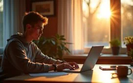 Ein sonnendurchflutetes, modernes Home-Office mit einer jungen, konzentrierten Person vor dem Laptop, die aufmerksam eine E-Mail prüft, während warmes Tageslicht das helle Zimmer freundlich erfüllt und eine Atmosphäre von Achtsamkeit und digitaler Sicherheit vermittelt.