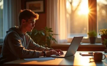 Ein sonnendurchflutetes, modernes Home-Office mit einer jungen, konzentrierten Person vor dem Laptop, die aufmerksam eine E-Mail prüft, während warmes Tageslicht das helle Zimmer freundlich erfüllt und eine Atmosphäre von Achtsamkeit und digitaler Sicherheit vermittelt.