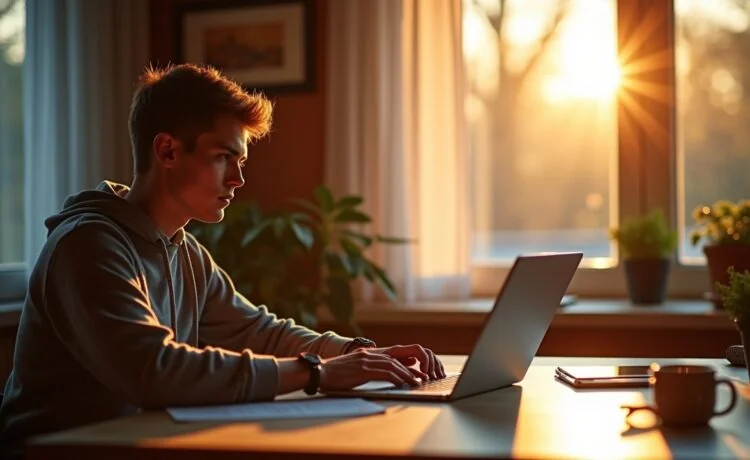Ein sonnendurchflutetes, modernes Home-Office mit einer jungen, konzentrierten Person vor dem Laptop, die aufmerksam eine E-Mail prüft, während warmes Tageslicht das helle Zimmer freundlich erfüllt und eine Atmosphäre von Achtsamkeit und digitaler Sicherheit vermittelt.