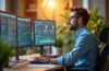 Ein strahlend helles, natürlich beleuchtetes Büro mit modernes technischer Ausstattung, in dem ein konzentrierter Data-Scientist vor mehreren Bildschirmen komplexe KI-Daten analysiert, umgeben von warmen Holzakzenten und lebendigen Pflanzen, die eine freundliche, einladende Arbeitsatmosphäre voller Innovation und Fortschritt ausstrahlt.