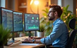 Ein strahlend helles, natürlich beleuchtetes Büro mit modernes technischer Ausstattung, in dem ein konzentrierter Data-Scientist vor mehreren Bildschirmen komplexe KI-Daten analysiert, umgeben von warmen Holzakzenten und lebendigen Pflanzen, die eine freundliche, einladende Arbeitsatmosphäre voller Innovation und Fortschritt ausstrahlt.