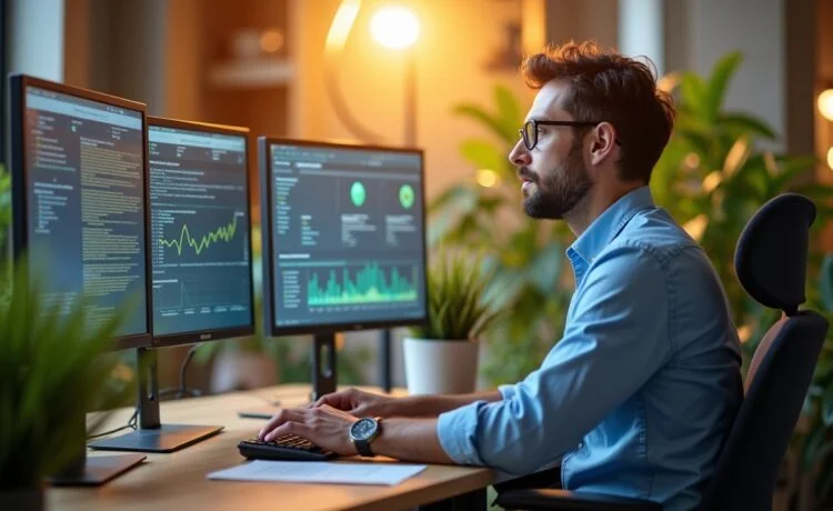 Ein strahlend helles, natürlich beleuchtetes Büro mit modernes technischer Ausstattung, in dem ein konzentrierter Data-Scientist vor mehreren Bildschirmen komplexe KI-Daten analysiert, umgeben von warmen Holzakzenten und lebendigen Pflanzen, die eine freundliche, einladende Arbeitsatmosphäre voller Innovation und Fortschritt ausstrahlt.