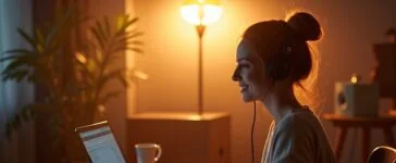 Eine lebendige, helle Studioaufnahme in warmem Tageslicht zeigt eine kreative Musikerin, die entspannt vor einem Mischpult sitzt und mit einem modernen Laptop und Kopfhörern experimentiert, während im Hintergrund sanft unscharfe, hochwertige Musikinstrumente und ein akustisch ausgestatteter Raum eine inspirierende Atmosphäre für KI-gestützte Musikproduktion schaffen.