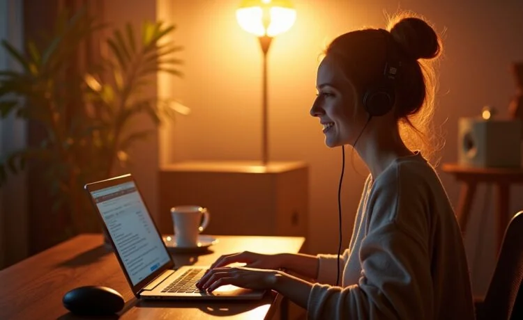 Eine lebendige, helle Studioaufnahme in warmem Tageslicht zeigt eine kreative Musikerin, die entspannt vor einem Mischpult sitzt und mit einem modernen Laptop und Kopfhörern experimentiert, während im Hintergrund sanft unscharfe, hochwertige Musikinstrumente und ein akustisch ausgestatteter Raum eine inspirierende Atmosphäre für KI-gestützte Musikproduktion schaffen.