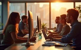 Ein sonnendurchflutetes, modernes Büro mit einem aufmerksamen Entwicklerteam, das konzentriert an hellen Bildschirmen zusammenarbeitet, während warme Tageslichtstrahlen die freundliche Atmosphäre und das Miteinander der digitalen Zusammenarbeit in der KI-gestützten Softwareentwicklung einfangen.