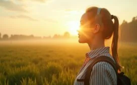 Ein strahlend heller, natürlicher Morgen auf einer grünen, weitläufigen Landschaft mit sanftem Nebel im Hintergrund, während eine junge Wissenschaftlerin im leichten Sonnenlicht konzentriert moderne Messgeräte für CO₂-Reduktion bedient – ein warmes, optimistisches Porträt technologischer Hoffnung im Kampf gegen den Klimawandel.