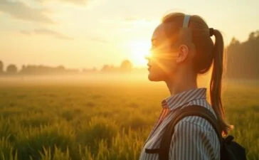 Ein strahlend heller, natürlicher Morgen auf einer grünen, weitläufigen Landschaft mit sanftem Nebel im Hintergrund, während eine junge Wissenschaftlerin im leichten Sonnenlicht konzentriert moderne Messgeräte für CO₂-Reduktion bedient – ein warmes, optimistisches Porträt technologischer Hoffnung im Kampf gegen den Klimawandel.