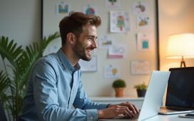 Ein freundlicher, lichtdurchfluteter Arbeitsbereich mit einem jungen Entwickler, der fokussiert vor einem modernen Laptop sitzt, im Hintergrund sanft verschwommene Skizzen und Notizen zur KI-Selbstkritik, die ein Gefühl von Vertrauen, Reflexion und innovativer Technik vermitteln.