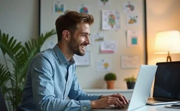 Ein freundlicher, lichtdurchfluteter Arbeitsbereich mit einem jungen Entwickler, der fokussiert vor einem modernen Laptop sitzt, im Hintergrund sanft verschwommene Skizzen und Notizen zur KI-Selbstkritik, die ein Gefühl von Vertrauen, Reflexion und innovativer Technik vermitteln.