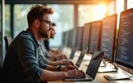 In einem modernen, lichtdurchfluteten Büro arbeiten Entwickler mit konzentrierten, entspannten Gesichtern an Laptops und großen Bildschirmen, die komplexe Codezeilen und Diagramme zeigen, während natürliche Sonnenstrahlen warm durch große Fenster fallen und eine freundliche, kreative Atmosphäre schaffen.