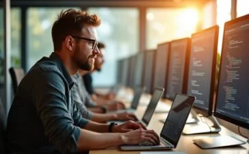 In einem modernen, lichtdurchfluteten Büro arbeiten Entwickler mit konzentrierten, entspannten Gesichtern an Laptops und großen Bildschirmen, die komplexe Codezeilen und Diagramme zeigen, während natürliche Sonnenstrahlen warm durch große Fenster fallen und eine freundliche, kreative Atmosphäre schaffen.