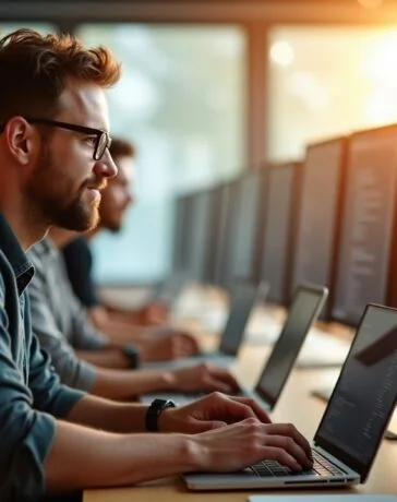 In einem modernen, lichtdurchfluteten Büro arbeiten Entwickler mit konzentrierten, entspannten Gesichtern an Laptops und großen Bildschirmen, die komplexe Codezeilen und Diagramme zeigen, während natürliche Sonnenstrahlen warm durch große Fenster fallen und eine freundliche, kreative Atmosphäre schaffen.