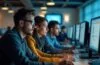 Ein warm ausgeleuchtetes, modernes Büro mit konzentrierten Software-Entwicklern vor Bildschirmen, die in freundlicher, heller Atmosphäre gemeinsam an Sicherheitsupdates arbeiten und so Vertrauen und Teamgeist in der digitalen Welt symbolisieren.