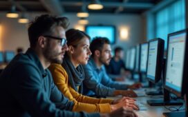 Ein warm ausgeleuchtetes, modernes Büro mit konzentrierten Software-Entwicklern vor Bildschirmen, die in freundlicher, heller Atmosphäre gemeinsam an Sicherheitsupdates arbeiten und so Vertrauen und Teamgeist in der digitalen Welt symbolisieren.