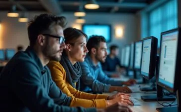 Ein warm ausgeleuchtetes, modernes Büro mit konzentrierten Software-Entwicklern vor Bildschirmen, die in freundlicher, heller Atmosphäre gemeinsam an Sicherheitsupdates arbeiten und so Vertrauen und Teamgeist in der digitalen Welt symbolisieren.