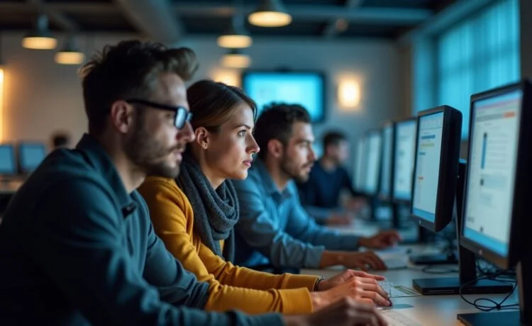 Ein warm ausgeleuchtetes, modernes Büro mit konzentrierten Software-Entwicklern vor Bildschirmen, die in freundlicher, heller Atmosphäre gemeinsam an Sicherheitsupdates arbeiten und so Vertrauen und Teamgeist in der digitalen Welt symbolisieren.