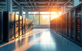 Ein strahlend heller, natürlicher Innenraum eines modernen Rechenzentrums mit sichtbaren Serverracks, warmem Tageslicht, das durch große Fenster fällt, und einem motivierten Team von internationalen Fachleuten in entspannter, konzentrierter Atmosphäre, das gemeinsam an der Zukunft der KI-Infrastruktur arbeitet.