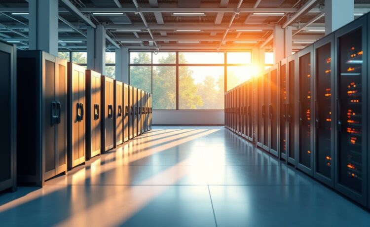 Ein strahlend heller, natürlicher Innenraum eines modernen Rechenzentrums mit sichtbaren Serverracks, warmem Tageslicht, das durch große Fenster fällt, und einem motivierten Team von internationalen Fachleuten in entspannter, konzentrierter Atmosphäre, das gemeinsam an der Zukunft der KI-Infrastruktur arbeitet.