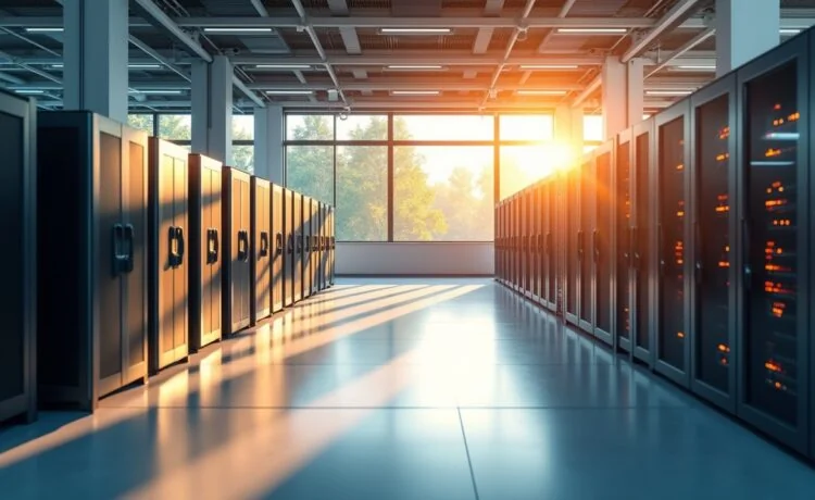 Ein strahlend heller, natürlicher Innenraum eines modernen Rechenzentrums mit sichtbaren Serverracks, warmem Tageslicht, das durch große Fenster fällt, und einem motivierten Team von internationalen Fachleuten in entspannter, konzentrierter Atmosphäre, das gemeinsam an der Zukunft der KI-Infrastruktur arbeitet.