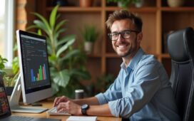 Ein strahlendes, natürlich beleuchtetes Büro mit einem freundlichen Gründer mittleren Alters, der konzentriert und optimistisch vor einem modernen Computer sitzt, umgeben von warmen Holztönen, dezenten Gaming-Devices und nostalgischen Sammlerstücken – ein atmosphärisches Portrait, das den Neuanfang und die leidenschaftliche Heimkehr zu den Wurzeln einer beliebten digitalen Spieleplattform verkörpert.