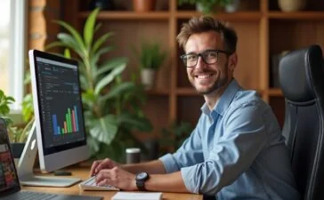 Ein strahlendes, natürlich beleuchtetes Büro mit einem freundlichen Gründer mittleren Alters, der konzentriert und optimistisch vor einem modernen Computer sitzt, umgeben von warmen Holztönen, dezenten Gaming-Devices und nostalgischen Sammlerstücken – ein atmosphärisches Portrait, das den Neuanfang und die leidenschaftliche Heimkehr zu den Wurzeln einer beliebten digitalen Spieleplattform verkörpert.