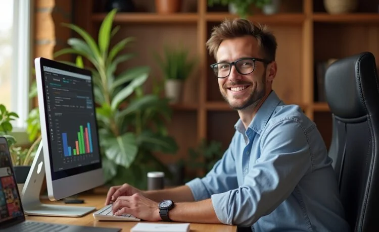 Ein strahlendes, natürlich beleuchtetes Büro mit einem freundlichen Gründer mittleren Alters, der konzentriert und optimistisch vor einem modernen Computer sitzt, umgeben von warmen Holztönen, dezenten Gaming-Devices und nostalgischen Sammlerstücken – ein atmosphärisches Portrait, das den Neuanfang und die leidenschaftliche Heimkehr zu den Wurzeln einer beliebten digitalen Spieleplattform verkörpert.