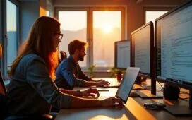 Ein hell erleuchtetes modernes Büro mit einem Entwicklerteam, das konzentriert und inspiriert an großen Bildschirmen mit mehreren offenen Browserfenstern arbeitet, die sich nahtlos wie eigenständige Web-Apps anordnen, wobei warme Tageslichtstrahlen durch große Fenster fallen und eine freundliche, zukunftsorientierte Arbeitsatmosphäre schaffen.