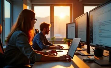 Ein hell erleuchtetes modernes Büro mit einem Entwicklerteam, das konzentriert und inspiriert an großen Bildschirmen mit mehreren offenen Browserfenstern arbeitet, die sich nahtlos wie eigenständige Web-Apps anordnen, wobei warme Tageslichtstrahlen durch große Fenster fallen und eine freundliche, zukunftsorientierte Arbeitsatmosphäre schaffen.