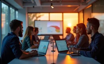 Ein hell erleuchtetes, modernes Büro mit fokusierten Entwicklern vor großen Bildschirmen, warmes natürliches Licht durch bodentiefe Fenster fällt auf Notebooks und Smart Devices, die eine dynamische Zusammenarbeit an zukunftsweisender KI-Technologie symbolisieren und dabei eine Atmosphäre von Offenheit, Innovationskraft und Zuversicht schaffen.