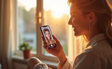 Eine freundliche junge Frau sitzt entspannt vor einem hellen Fensterlicht, während sie neugierig verschiedene virtuelle Frisuren auf ihrem Smartphone ausprobiert – die natürliche Tageslichtstimmung und die realistischen Details ihres Gesichtsausdrucks vermitteln eine warme, einladende Atmosphäre voller Vorfreude auf das digitale Makeover.