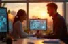 In einem hell erleuchteten, modernen Büro tauschen zwei konzentrierte Entwickler mit freundlichen Gesichtsausdrücken Ideen aus, während im Hintergrund durch große Fenster die warme Morgensonne auf futuristische Monitore und technische Skizzen fällt – ein lebendiges Sinnbild für den innovativen Wettkampf der KI-Pioniere Google Gemini und OpenAI.