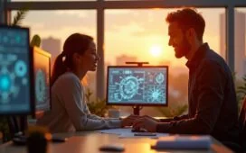 In einem hell erleuchteten, modernen Büro tauschen zwei konzentrierte Entwickler mit freundlichen Gesichtsausdrücken Ideen aus, während im Hintergrund durch große Fenster die warme Morgensonne auf futuristische Monitore und technische Skizzen fällt – ein lebendiges Sinnbild für den innovativen Wettkampf der KI-Pioniere Google Gemini und OpenAI.