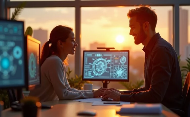 In einem hell erleuchteten, modernen Büro tauschen zwei konzentrierte Entwickler mit freundlichen Gesichtsausdrücken Ideen aus, während im Hintergrund durch große Fenster die warme Morgensonne auf futuristische Monitore und technische Skizzen fällt – ein lebendiges Sinnbild für den innovativen Wettkampf der KI-Pioniere Google Gemini und OpenAI.