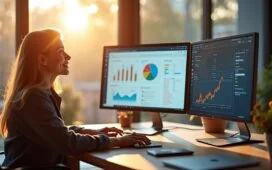 In einem hell erleuchteten, modernen Büro lächelt eine konzentrierte Webentwicklerin entspannt vor einem großen Monitor, auf dem vielfältige Diagramme und Social-Media-Analysen zu sehen sind, während weich ein natürlicher Tageslichteinfall den Raum mit freundlicher Wärme erfüllt und eine produktive, positive Arbeitsatmosphäre schafft.