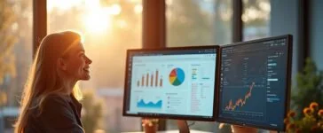 In einem hell erleuchteten, modernen Büro lächelt eine konzentrierte Webentwicklerin entspannt vor einem großen Monitor, auf dem vielfältige Diagramme und Social-Media-Analysen zu sehen sind, während weich ein natürlicher Tageslichteinfall den Raum mit freundlicher Wärme erfüllt und eine produktive, positive Arbeitsatmosphäre schafft.