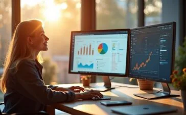 In einem hell erleuchteten, modernen Büro lächelt eine konzentrierte Webentwicklerin entspannt vor einem großen Monitor, auf dem vielfältige Diagramme und Social-Media-Analysen zu sehen sind, während weich ein natürlicher Tageslichteinfall den Raum mit freundlicher Wärme erfüllt und eine produktive, positive Arbeitsatmosphäre schafft.