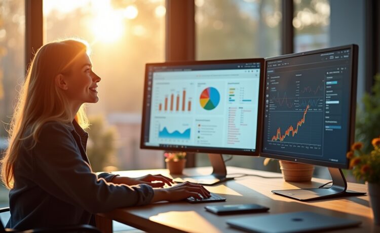 In einem hell erleuchteten, modernen Büro lächelt eine konzentrierte Webentwicklerin entspannt vor einem großen Monitor, auf dem vielfältige Diagramme und Social-Media-Analysen zu sehen sind, während weich ein natürlicher Tageslichteinfall den Raum mit freundlicher Wärme erfüllt und eine produktive, positive Arbeitsatmosphäre schafft.