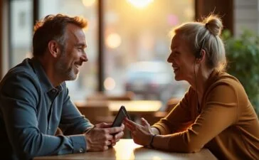 In einem hell erleuchteten, modernen Café sitzen zwei Menschen unterschiedlichen Alters entspannt gegenüber, gut gelaunt in lebhafter Unterhaltung, während einer von ihnen diskret ein elegantes Bluetooth-Headset trägt, das Smartphone auf dem Tisch zeigt eine aktive Übersetzer-App, und Sonnenlicht durch das große Fenster taucht die Szene in warme, natürliche Töne voller freundlicher Vertrautheit und technologischer Leichtigkeit.