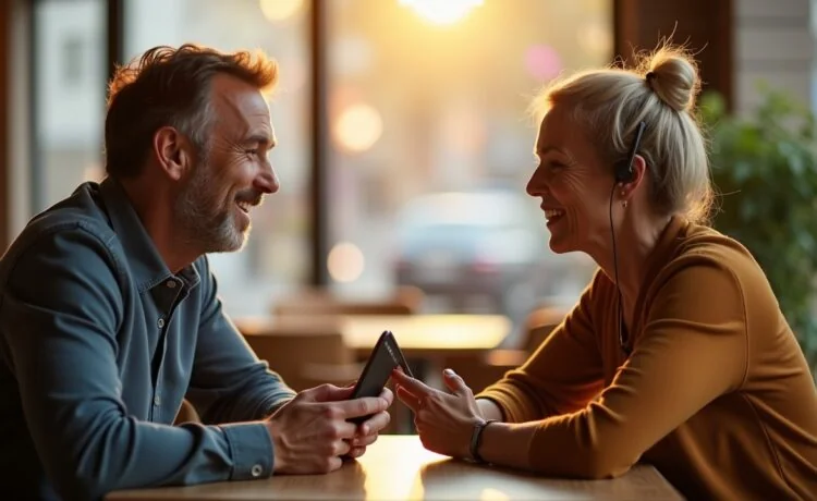 In einem hell erleuchteten, modernen Café sitzen zwei Menschen unterschiedlichen Alters entspannt gegenüber, gut gelaunt in lebhafter Unterhaltung, während einer von ihnen diskret ein elegantes Bluetooth-Headset trägt, das Smartphone auf dem Tisch zeigt eine aktive Übersetzer-App, und Sonnenlicht durch das große Fenster taucht die Szene in warme, natürliche Töne voller freundlicher Vertrautheit und technologischer Leichtigkeit.