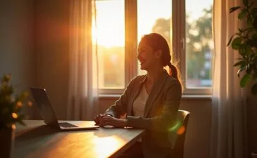 Eine helle, freundliche Szene in einem modernen Home-Office: Eine entspannte Person sitzt lächelnd vor einem Laptop, umgeben von warmem Tageslicht, während Sonnenstrahlen sanft durch ein Fenster fallen und eine Atmosphäre von Sicherheit, Achtsamkeit und digitaler Vorsorge vermitteln.