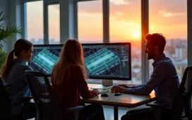 In einem hell erleuchteten modernen Büro sitzt ein motiviertes Team aus Ingenieurinnen und Ingenieuren konzentriert vor mehreren Bildschirmen mit komplexen Chipdesign-Visualisierungen, während warmes Tageslicht durch große Fenster fällt und eine Atmosphäre von Innovationskraft und zukunftsweisender Technologie vermittelt.