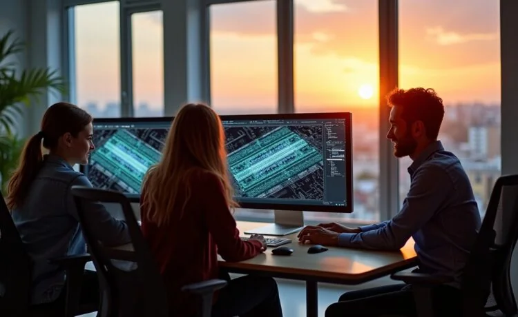 In einem hell erleuchteten modernen Büro sitzt ein motiviertes Team aus Ingenieurinnen und Ingenieuren konzentriert vor mehreren Bildschirmen mit komplexen Chipdesign-Visualisierungen, während warmes Tageslicht durch große Fenster fällt und eine Atmosphäre von Innovationskraft und zukunftsweisender Technologie vermittelt.