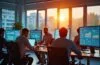Ein modernes, hell beleuchtetes Büro mit einem dynamisch zusammenarbeitenden Team verschiedener Altersgruppen, das lächelnd und konzentriert vor mehreren Bildschirmen mit komplexen Datenvisualisierungen sitzt, während durch große Fenster warmes Tageslicht hereinströmt und eine Atmosphäre von Fortschritt, Vertrauen und digitaler Transformation schafft.