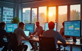 Ein modernes, hell beleuchtetes Büro mit einem dynamisch zusammenarbeitenden Team verschiedener Altersgruppen, das lächelnd und konzentriert vor mehreren Bildschirmen mit komplexen Datenvisualisierungen sitzt, während durch große Fenster warmes Tageslicht hereinströmt und eine Atmosphäre von Fortschritt, Vertrauen und digitaler Transformation schafft.